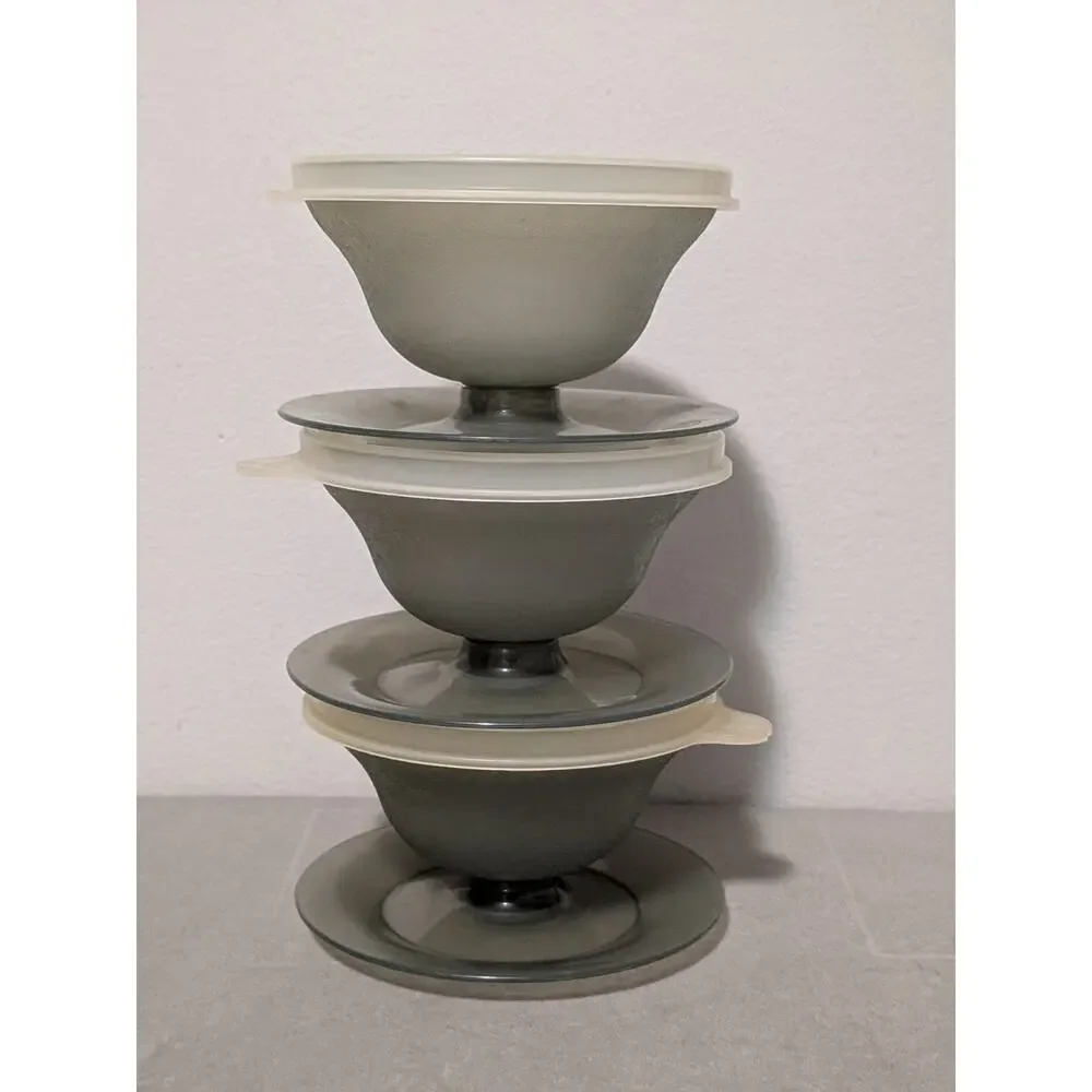 Vintage Tupperware 754 Smoky Gray Dessert Pudding Cups & Lids Set of 3 Retro